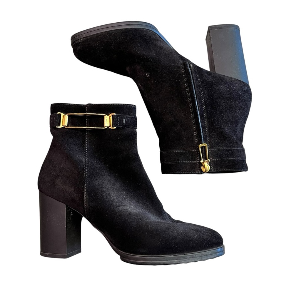 TODS Suede Black Ankle Boots Gold Details‎ 36.5 US 6 Block Heel Bootie